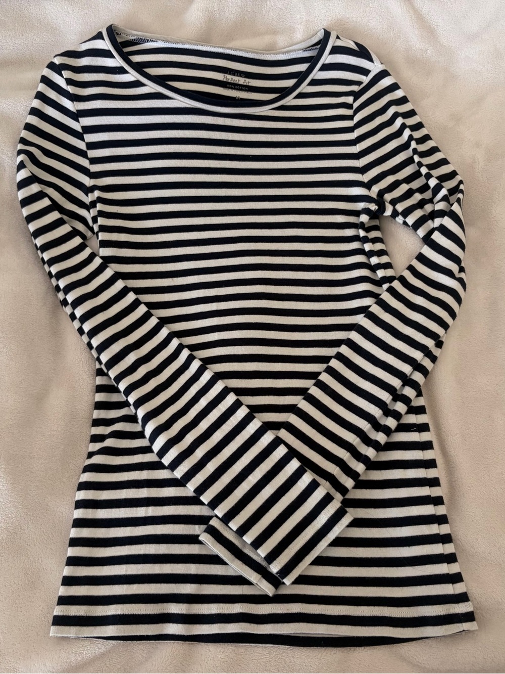J. Crew Black and White Striped Long-Sleeve Boat Neck Tee 100% Cotton